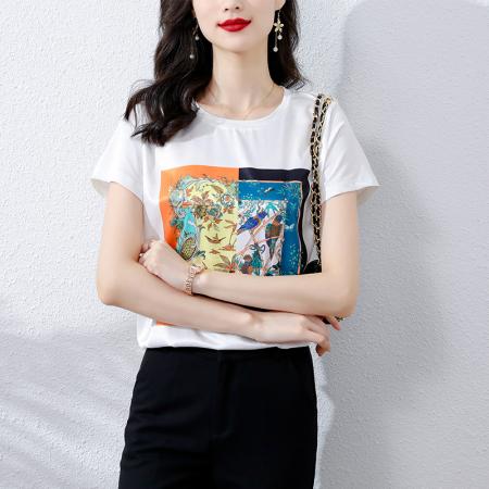 PF1871#夏季重磅真丝短袖T恤女夏季新款印花圆领上衣