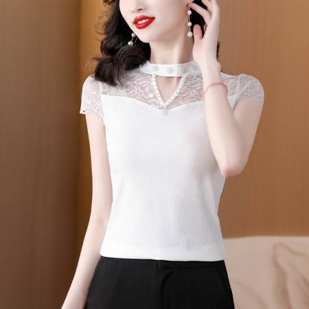 PF1872#新款棉T蕾丝花边拼接修身洋气打底衫