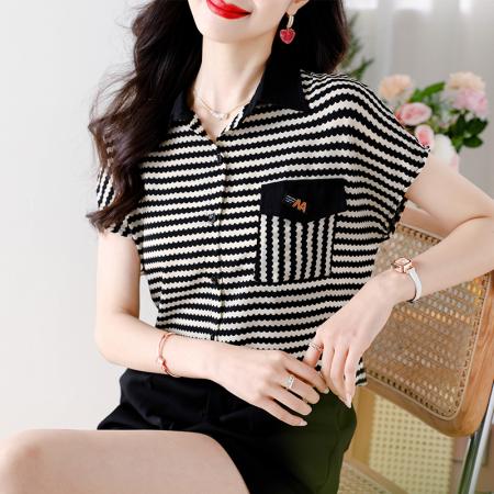 PF1875#夏季新款时尚气质翻领条纹显瘦减龄短袖上衣
