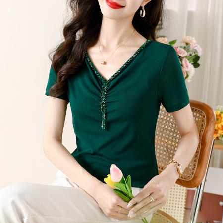 PF1876#夏季新品大V领重工手工钉珠修身洋气网纱打底衫