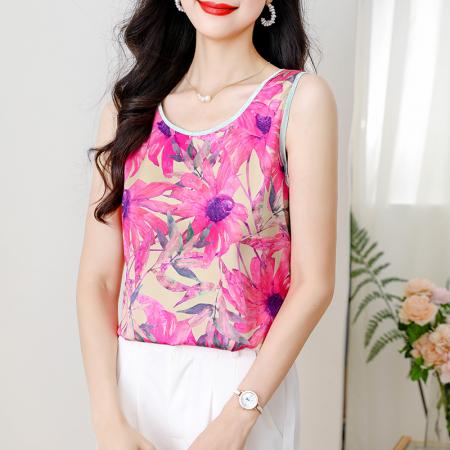 PF1879#夏季新品缎面印花圆领背心