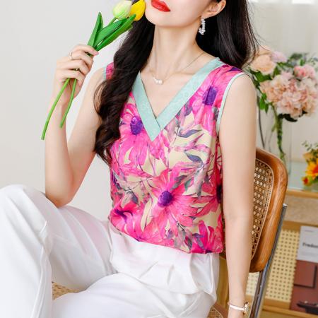 PF1880#夏季新品V领缎面印花背心