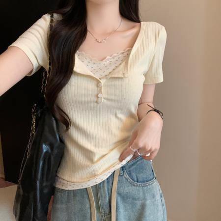 PF1883#纯欲bm正肩假两件碎花短袖t恤女装春夏新款蕾丝拼接修身短款上衣