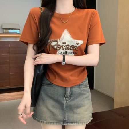 PF1887#字母刺绣粉色短袖T恤女 夏季新款纯棉百搭体恤修身短款上衣