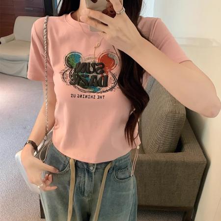 PF1888#正肩短袖T恤女 夏季新款修身显瘦时尚减龄印花圆领体恤上衣