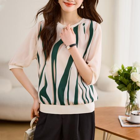 PF1889#圆领上衣女短袖 新款显瘦高端乱麻印花气质五分袖T恤