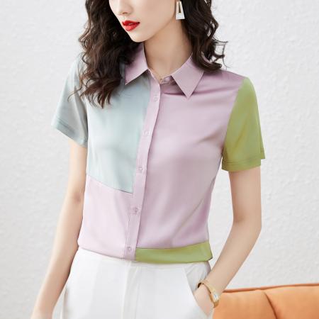 PF1891#高端缎面 新款女仿真丝短袖拼接衬衫宽松上衣