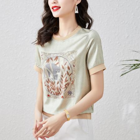 PF1892#重磅缎面真丝 新款数码印花宽松圆领韩版时尚T恤上衣