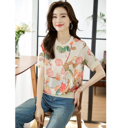 PF1893#女短袖 夏季新款显瘦高端乱麻印花气质半袖T恤