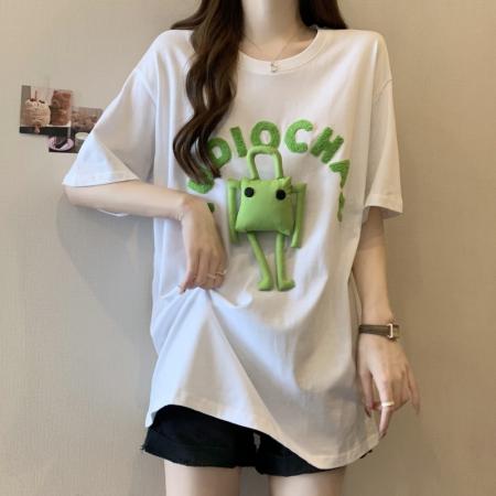 PF1900#夏装纯棉 毛巾绣公仔短袖T恤女宽松