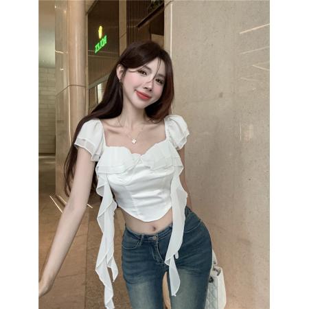 PF1904#純欲一字肩缎面拼接衬衫女短款修身露肩小众别致上衣