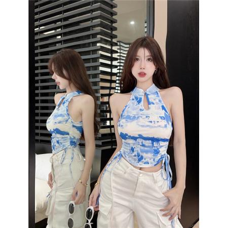 PF1906#新中式扎染外穿内搭小众短款挂脖性感吊带背心女