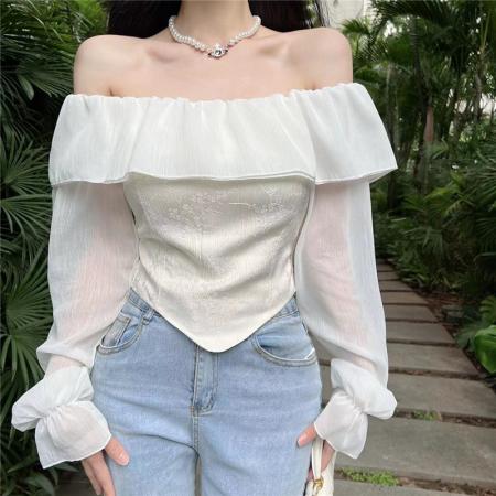 PF1907#純欲一字肩荷叶边短款束腰气质衬衫女泡泡袖雪纺衫上衣