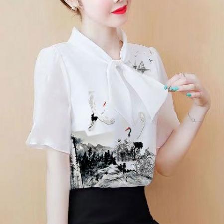 PF1915#夏季新款印花女上衣时尚气质收腰减龄小衫女洋气显瘦短袖T恤