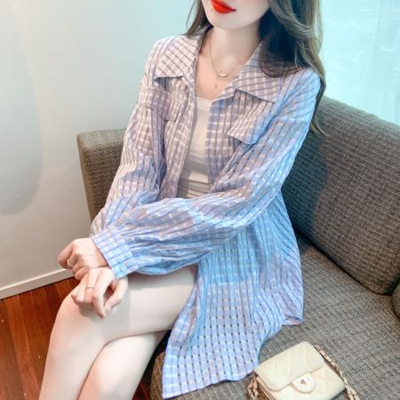 PF1922#夏季新款韩版宽松落肩袖防晒衣格子衬衫外套防紫外线女