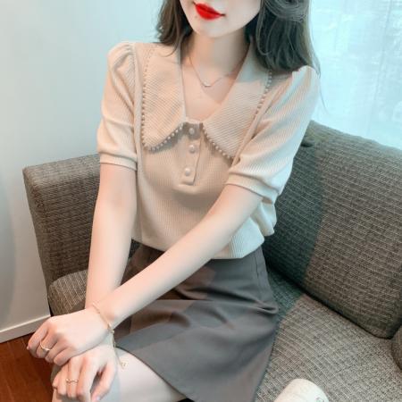 PF1928#夏季新款娃娃领套头雪纺衫衬衫韩版洋气短袖上衣小衫女