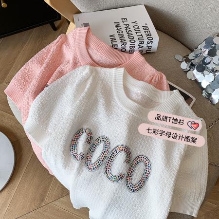 PF1930#新款洋气时尚减龄气质超好看宽松显瘦百搭粉色针织短袖