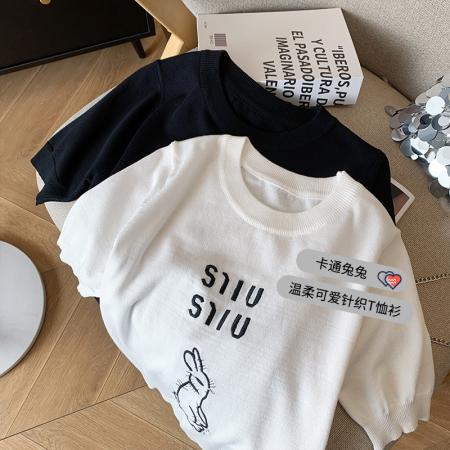 PF1932#小个子白色短袖针织t恤女 新款兔子字母刺绣短款减龄上衣