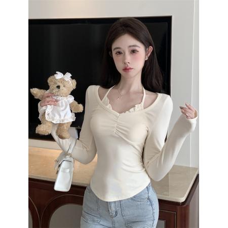 PF1938#纯欲风假两件挂脖T恤女秋冬磨毛加绒内搭上衣修身显瘦打底衫