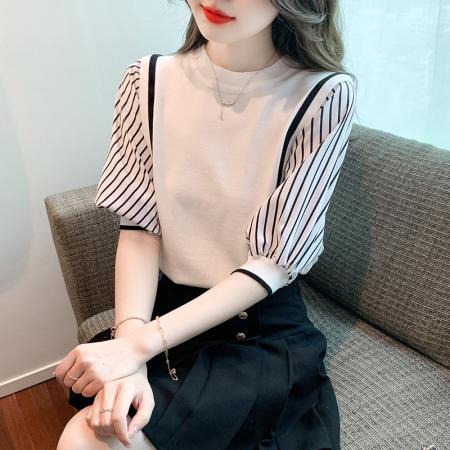 PF1941#新款上衣蝙蝠衫女装短袖冰丝针织衫初夏条纹纯色打底衫