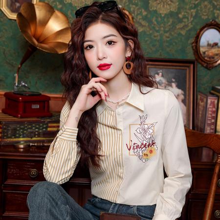 PF1942#新款条纹拼接印花衬衫女设计感别致长袖衬衣上衣