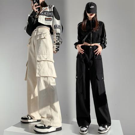 PF1951#新款多口袋拖地工装裤女高腰宽松直筒裤阔腿裤