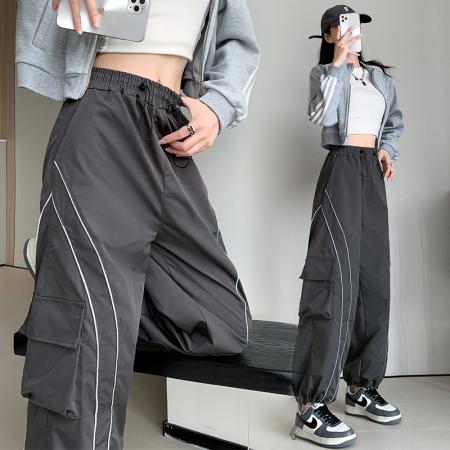 PF1956#美式高街休闲裤松紧腰显瘦宽松阔腿裤高腰运动长裤女