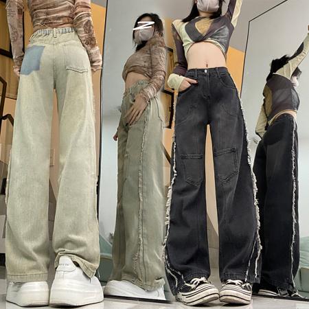 PF1957#高街小众设计感牛仔裤女宽松直筒显瘦毛边休闲长裤街头
