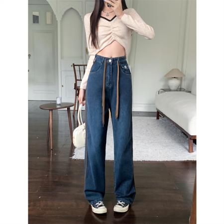 PF1989#夏季新款韩版设计感梨型穿搭牛仔裤女高腰小个子直筒阔腿裤