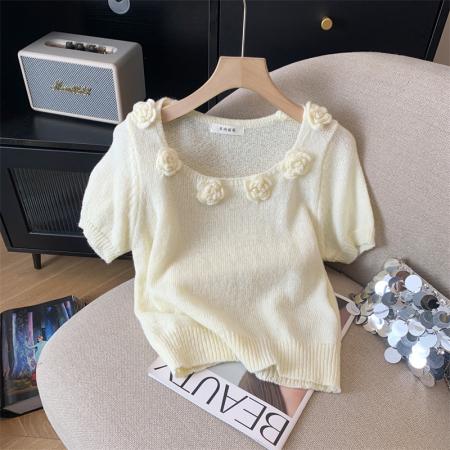 PF1992#新款韩系甜美减龄小清新立体花朵方领短袖短款针织衫女