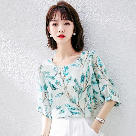 PF1997#雪纺衫短袖衬衫女夏 新款气质印花桑蚕丝半袖衬衣上衣女
