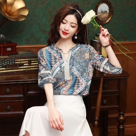 PF1999#民族风雪纺印花 夏季新款小V领中袖蕾丝边轻薄女衬衫