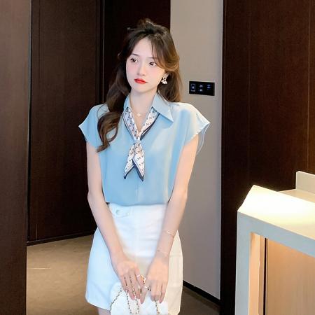 PF2005#夏款撞色可拆卸领结法式通勤衬衣连肩短袖V领翻领衬衫女