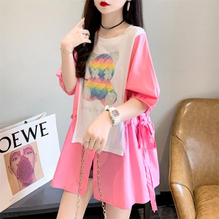 PF2019#设计感短袖t恤女中长款宽松慵懒风休闲洋气减龄上衣