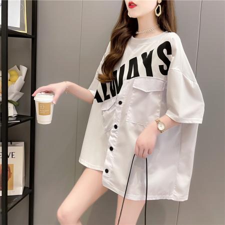 PF2020#新款短袖宽松印花字母不规则体恤中长款上衣