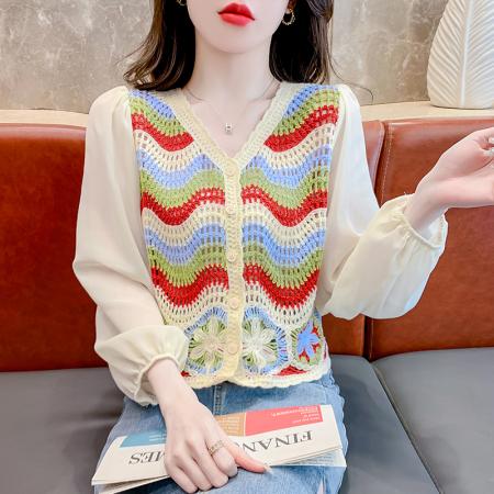 PF2025#新款条纹针织拼接雪纺长袖开衫甜美温柔风减龄上衣女