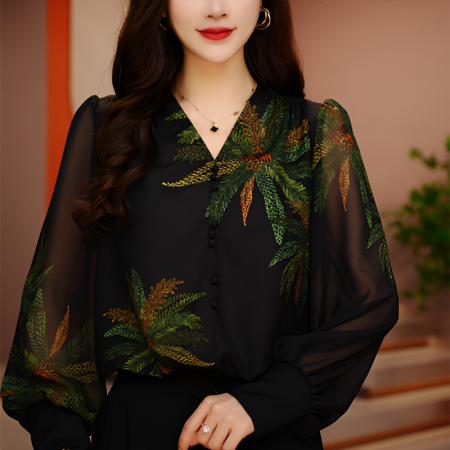 PF2028#新款肌肤网纱高领显瘦减龄透气印花套头小衫