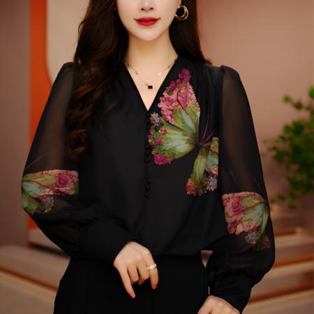 PF2029#新款肌肤网纱高领显瘦减龄透气印花套头小衫