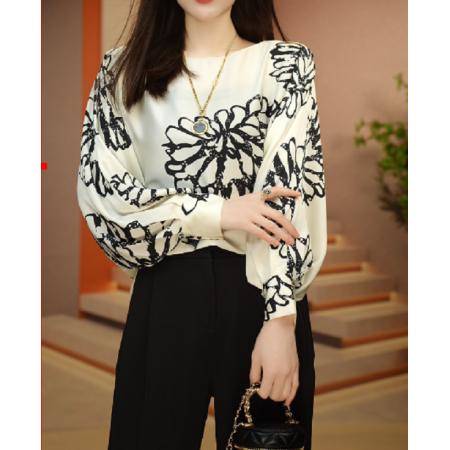 PF2032# 上衣百搭时尚气质连袖一字领印花洋气经典高级上衣