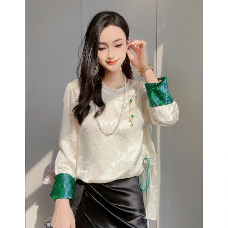 PF2033#高端新中式国风仿桑蚕丝盘扣衬衫女 新款斜襟提花仿真丝上衣