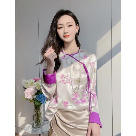 PF2034#复古国风仿桑蚕丝提花上衣女长袖圆领斜襟盘扣蝶恋花新中式仿真丝