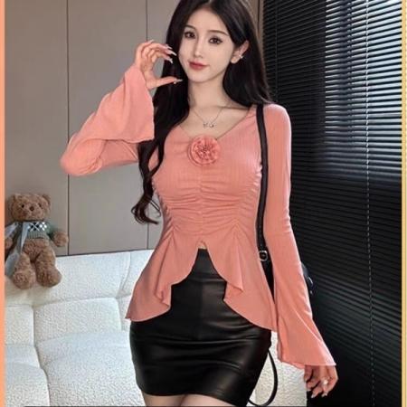 PF2037#纯欲风立体花朵V领长袖T恤女春秋修身显瘦褶皱休闲百搭不规则上衣
