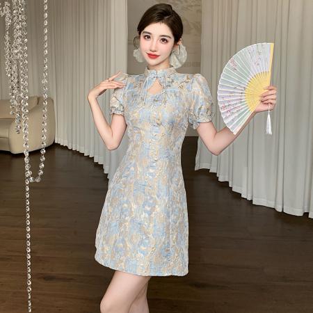 PF2050#夏季新款时尚烫金提花重工新中式改良复古旗袍连衣裙