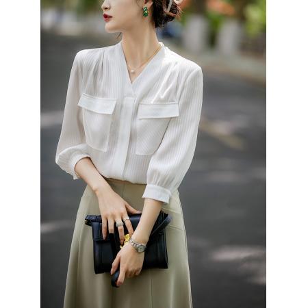 PF2061#透气条纹V领口袋垂感短袖衬衫