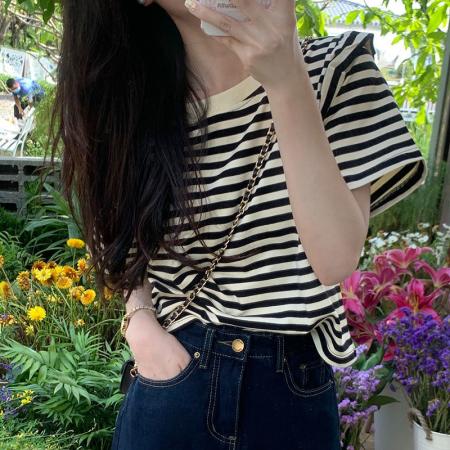 PF2073#爆款纯棉条纹设计感小众别致甜辣风百搭显瘦上衣