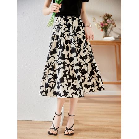 PF2119#新款薄款百褶中长款伞裙女高腰大摆裙真丝裙碎花半身裙女夏