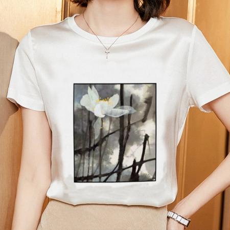 PF2126#夏季真丝短袖T恤女宽松大码桑蚕丝百搭内搭印花韩版显瘦上衣