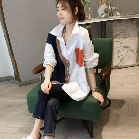 PF2140#白色拼接衬衫女小个子气质时尚百搭洋气上衣春装2024年新款欧洲站