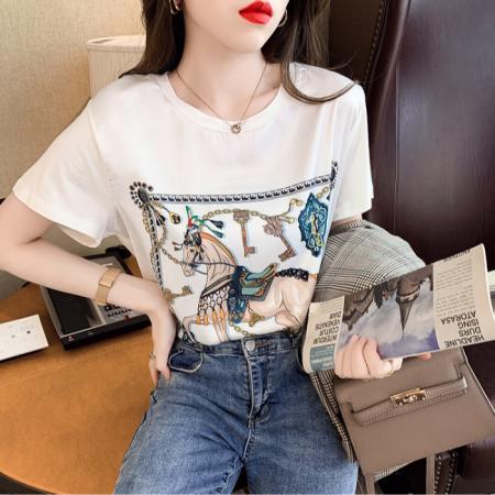 PF2142#夏季真丝短袖T恤女宽松大码桑蚕丝百搭内搭印花韩版显瘦上衣