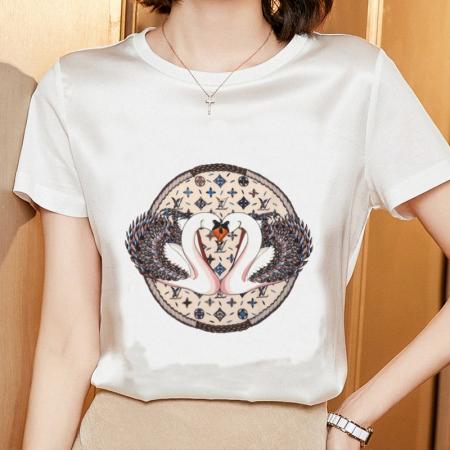 PF2145#夏季真丝短袖T恤女宽松大码桑蚕丝百搭内搭印花韩版显瘦上衣